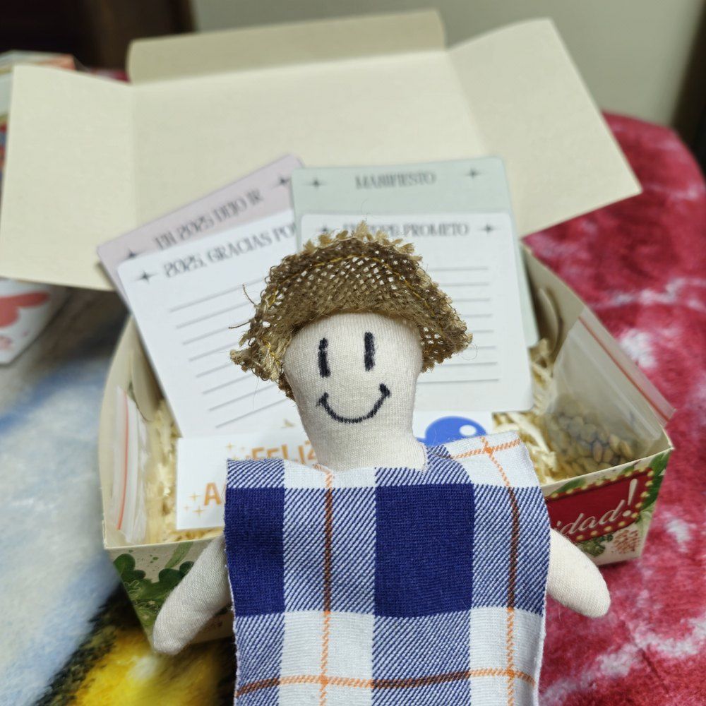 Muñeco de camisa a cuadros dentro de su caja abierta, sobre el aserrín, junto a la tarjeta impresa que va incluida.