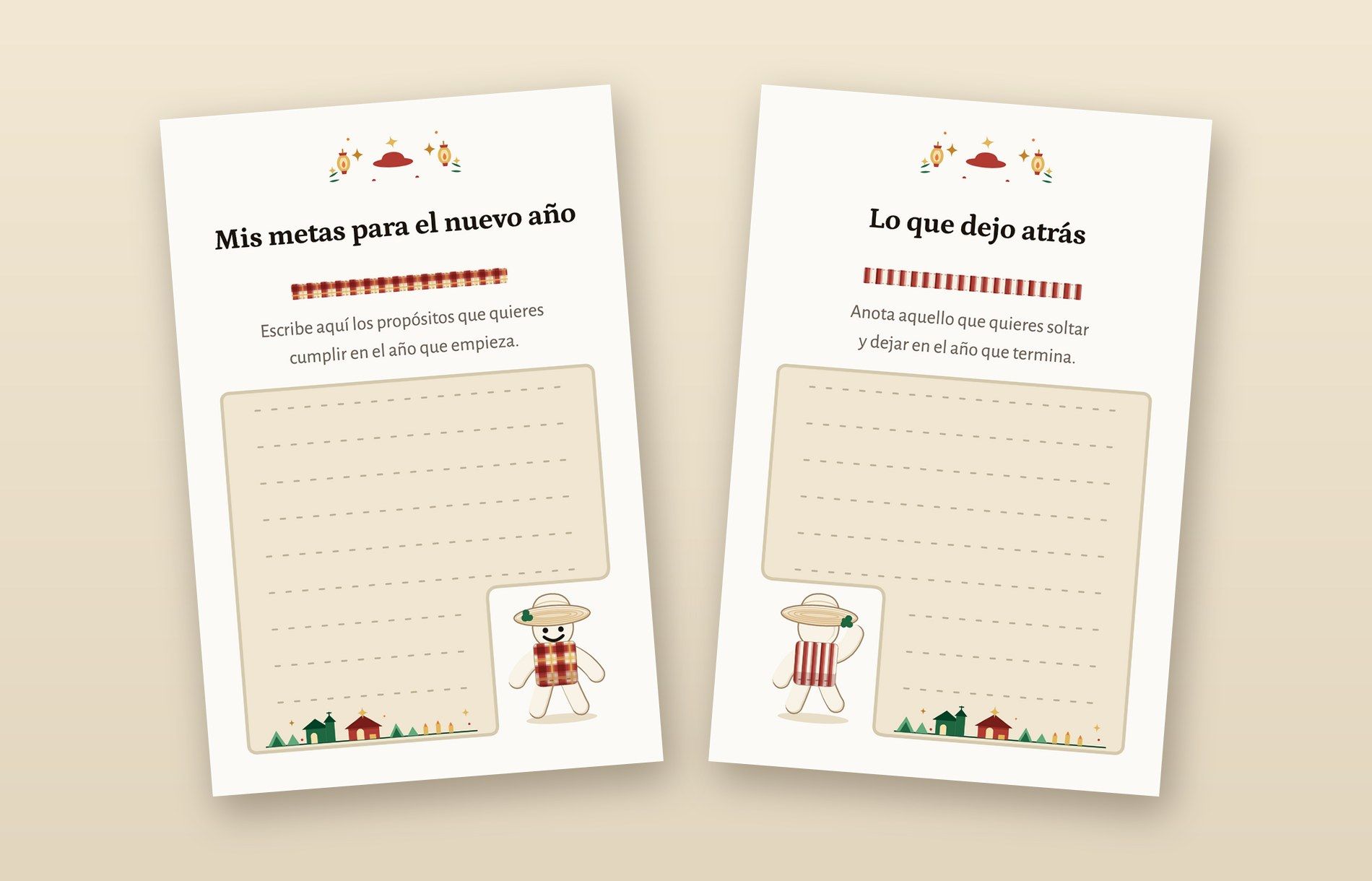 La tarjeta del kit vista por sus dos lados: «Mis metas para el nuevo año» y «Lo que dejo atrás», cada lado con líneas para escribir y la ilustración del muñeco.